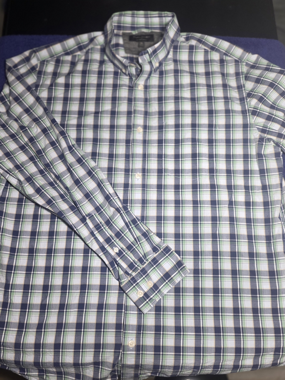 Banana Republic Navy, Green & White Plaid Dress Shirt
